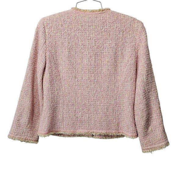 Anthropologie Elevenses Twill Tweed Button Front Frayed Bow Pink Jacket Short - Picture 4 of 7